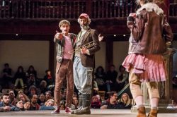 Jack Laskey, Richard Katz and Catrin Davies in AS YOU LIKE IT, Shakespeare's Globe, 2018. Designed by E.M. Parry. Dir. Federay Holmes & Elle While. Photo © Tristram Kenton.