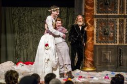 Jack Laskey, Bettrys Jones and Pearce Quigley in As You Like It, Shakespeare's Globe, 2018. Designed by E.M. Parry. Dir. Federay Holmes & Elle While. Photo © Tristram Kenton.