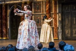 Jack Laskey and Nadia Nadarajah in AS YOU LIKE IT, Shakespeare's Globe, 2018. Designed by E.M. Parry. Dir. Federay Holmes & Elle While. Photo © Tristram Kenton.