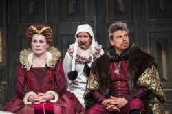 Helen Schlesinger, Bettrys Jones and James Garnon in HAMLET by William Shakespeare @ Shakespeare's Globe. Designed by E.M. Parry. Directed by Federay Holmes and Elle While. Photo ©Tristram Kenton