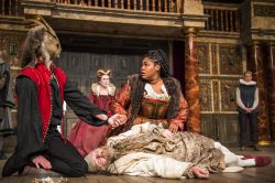 Jack Laskey, Tanika Yearwood and Colin Hurley in HAMLET by William Shakespeare @ Shakespeare's Globe. Designed by E.M. Parry. Directed by Federay Holmes and Elle While. Photo ©Tristram Kenton