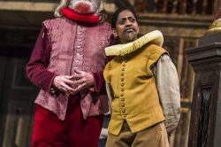 Pearce Quigley and Nadia Nadarajah in HAMLET by William Shakespeare @ Shakespeare's Globe. Designed by E.M. Parry. Directed by Federay Holmes and Elle While. Photo ©Tristram Kenton