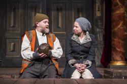 Colin Hurley and Michelle Terry in HAMLET by William Shakespeare @ Shakespeare's Globe. Designed by E.M. Parry. Directed by Federay Holmes and Elle While. Photo ©Tristram Kenton