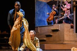Clarke Edwards and Aya Nakamura in AN IMPROBABLE MUSICAL, Improbable Co. / Royal & Derngate co-production, the Royal Theatre, Northampton, and touring, 2022. Set and costume design: E.M. Parry. Directed by Lee Simpson and Ang Clerkin. Photo ©Jane Hobson