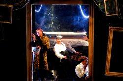 Andro Cowperthwaite, Nat Kennedy and Ché Francis in DORIAN, based on The Picture of Dorian Gray by Oscar Wilde, written by Phoebe Eclair-Powell & Owen Horsley. Set and costume design: E.M. Parry. Dir. by Owen Horsley. Reading Rep, 2021. Photo by Holly Revell.