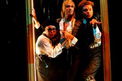 Nat Kennedy, Andro Cowperthwaite and Ché Francis in DORIAN, based on The Picture of Dorian Gray by Oscar Wilde, written by Phoebe Eclair-Powell & Owen Horsley. Set and costume design: E.M. Parry. Dir. by Owen Horsley. Reading Rep, 2021. Photo by Holly Revell.