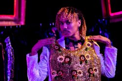 Andro Cowpherthwaite in DORIAN, based on The Picture of Dorian Gray by Oscar Wilde, written by Phoebe Eclair-Powell & Owen Horsley. Set and costume design: E.M. Parry. Dir. by Owen Horsley. Reading Rep, 2021. Photo by Holly Revell.