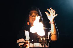 Tammara in WE DIG, devised by Emma Frankland and the company. Design by E.M. Parry, costume design associate Prinx Lydia. Dir. Emma Frankland. Oval House, 2019. Photo: Rosie Powell.
